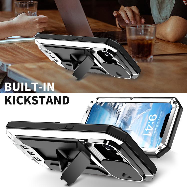 For iPhone 16e R-JUST Sliding Camera IP54 Life Waterproof Holder Phone Case(Silver) - iPhone 16e Cases by R-JUST | Online Shopping UK | buy2fix