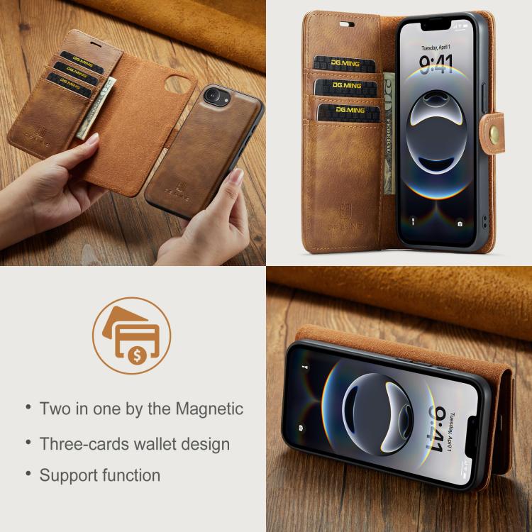 For iPhone 16e DG.MING Crazy Horse Texture Detachable Magnetic Leather Phone Case(Brown) - iPhone 16e Cases by DG.MING | Online Shopping UK | buy2fix