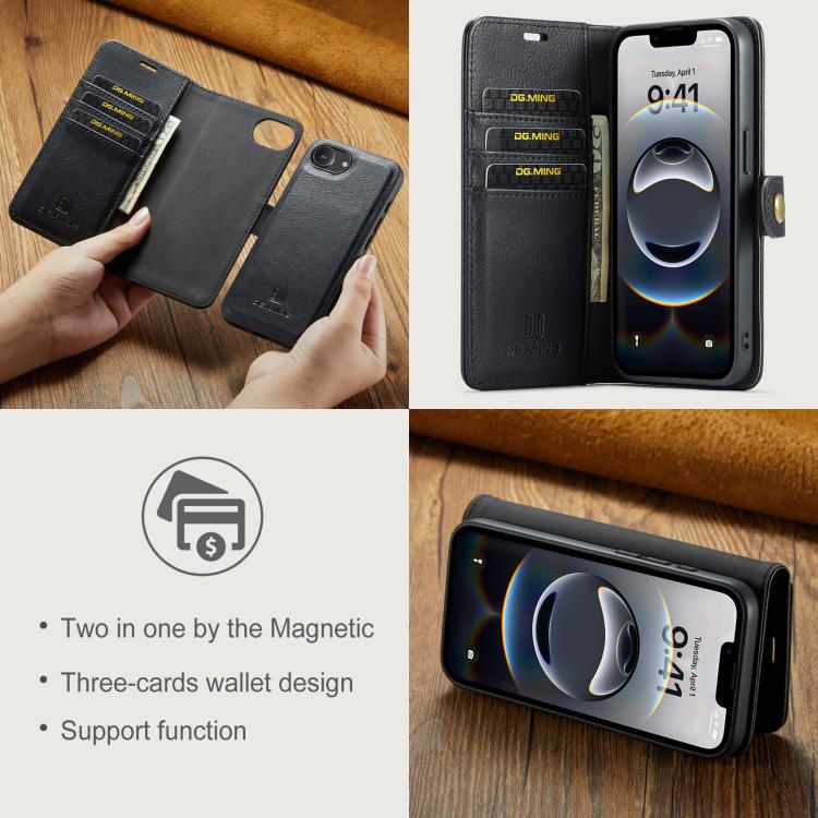 For iPhone 16e DG.MING Crazy Horse Texture Detachable Magnetic Leather Phone Case(Black) - iPhone 16e Cases by DG.MING | Online Shopping UK | buy2fix