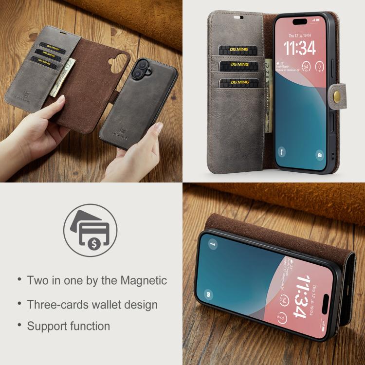 For iPhone 17 DG.MING Crazy Horse Texture Detachable Magnetic Leather Phone Case(Grey) - iPhone 17 Cases by DG.MING | Online Shopping UK | buy2fix