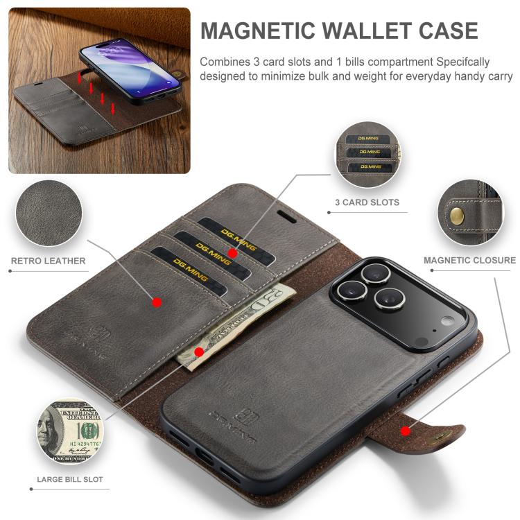For iPhone 17 Pro Max DG.MING Crazy Horse Texture Detachable Magnetic Leather Phone Case(Grey) - iPhone 17 Pro Max Cases by DG.MING | Online Shopping UK | buy2fix