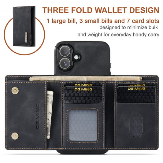 For iPhone 16 DG.MING M1 Series 3-Fold Multi Card Wallet Leather Phone Case(Black) by DG.MING