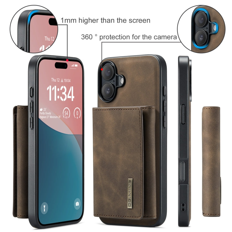 For iPhone 16 DG.MING M1 Series 3-Fold Multi Card Wallet Leather Phone Case(Coffee) by DG.MING