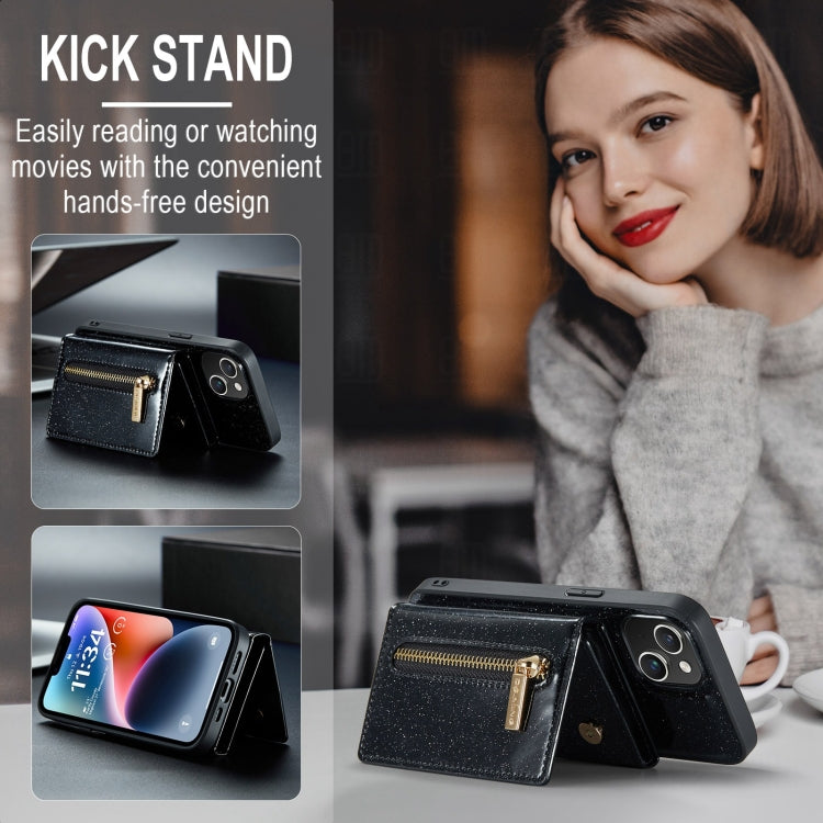 For iPhone 15 DG.MING M3 Series Glitter Powder Card Bag Leather Phone Case(Black) by DG.MING