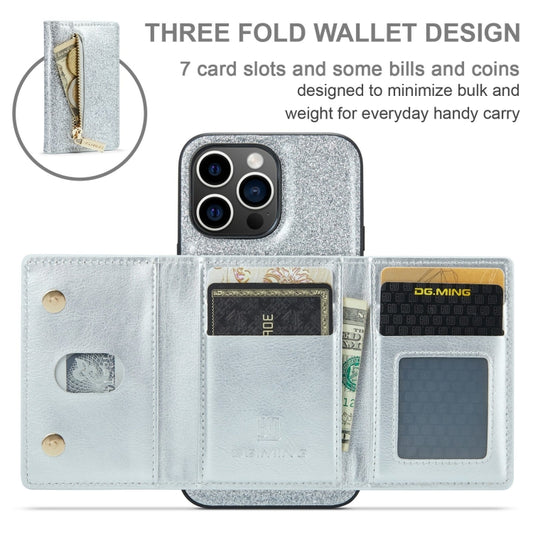 For iPhone 15 Pro DG.MING M3 Series Glitter Powder Card Bag Leather Phone Case(Silver) by DG.MING