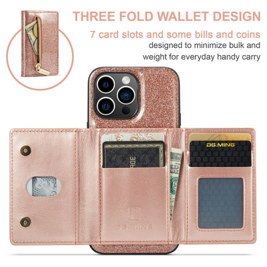 For iPhone 15 Pro DG.MING M3 Series Glitter Powder Card Bag Leather Phone Case(Rose Gold) by DG.MING