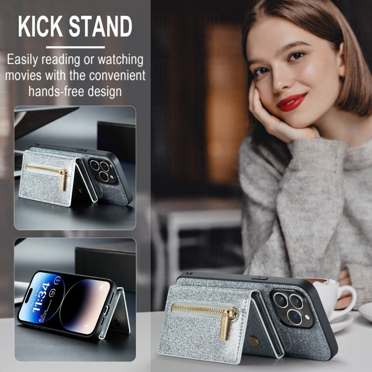 For iPhone 15 Pro Max DG.MING M3 Series Glitter Powder Card Bag Leather Phone Case(Silver) by DG.MING