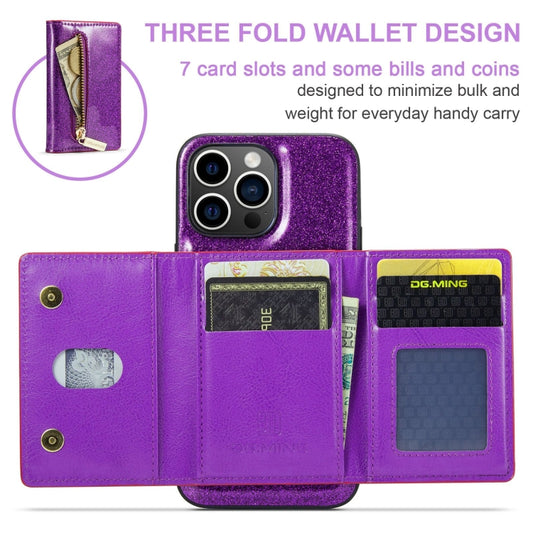 For iPhone 15 Pro Max DG.MING M3 Series Glitter Powder Card Bag Leather Phone Case(Dark Purple) by DG.MING