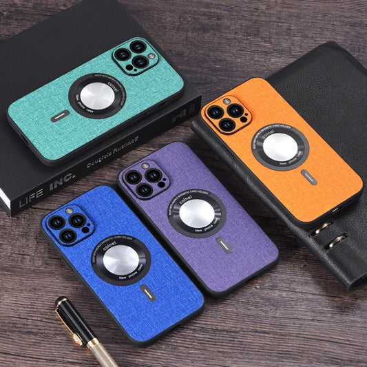 For iPhone 15 Plus Cloth Texture MagSafe Magnetic PU Phone Case(Purple) by buy2fix