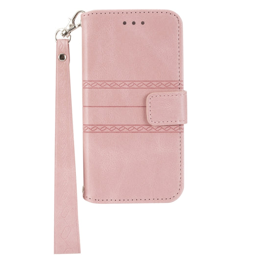 For iPhone 16e Embossed Stripes Skin Feel Leather Phone Case(Pink) by buy2fix