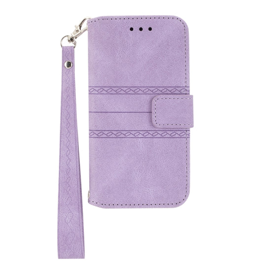 For iPhone 16e Embossed Stripes Skin Feel Leather Phone Case(Light Purple) by buy2fix