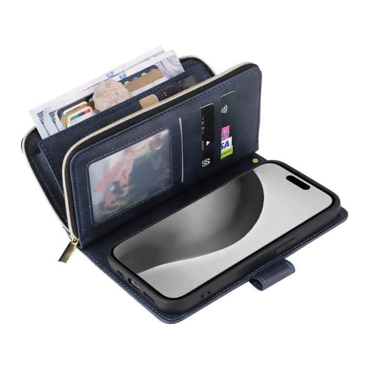For iPhone 16 Pro Max 9 Card Slots Zipper Wallet Bag Leather Phone Case(Blue) by buy2fix