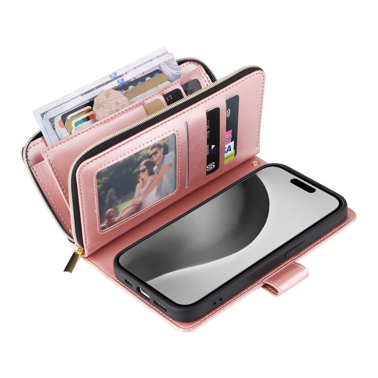 For iPhone 16 Pro Max 9 Card Slots Zipper Wallet Bag Leather Phone Case(Rose Gold) by buy2fix