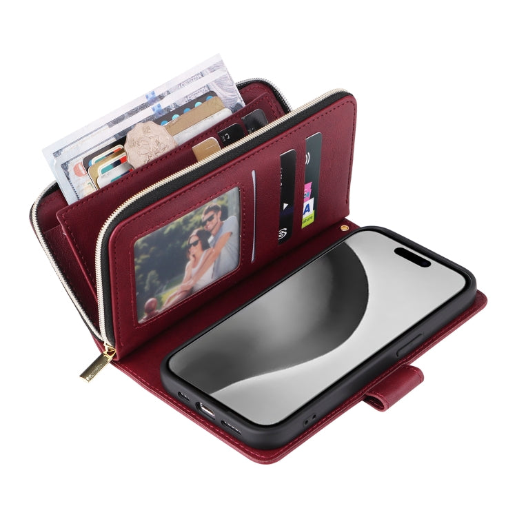 For iPhone 16 Pro Max 9 Card Slots Zipper Wallet Bag Leather Phone Case(Wine Red) by buy2fix