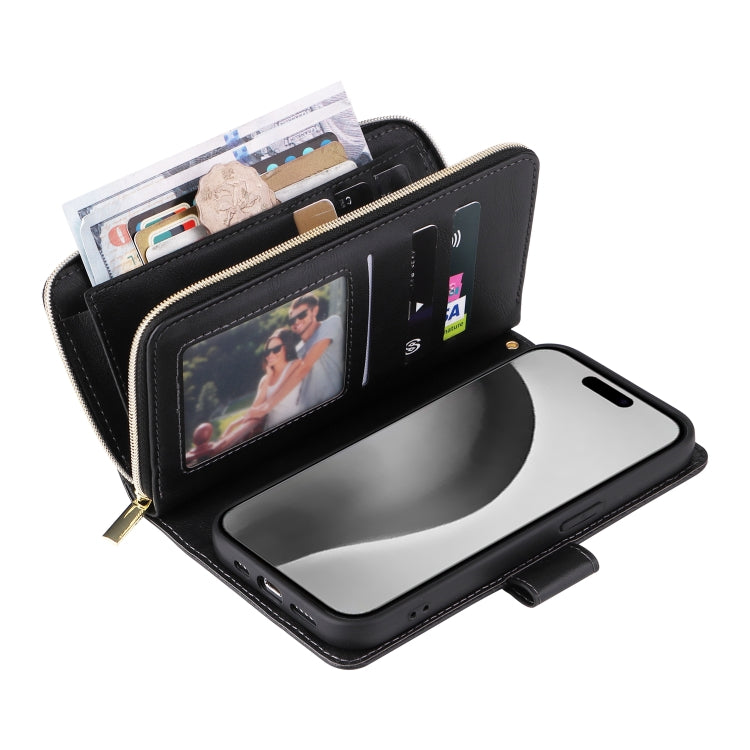 For iPhone 16 Pro Max 9 Card Slots Zipper Wallet Bag Leather Phone Case(Black) by buy2fix