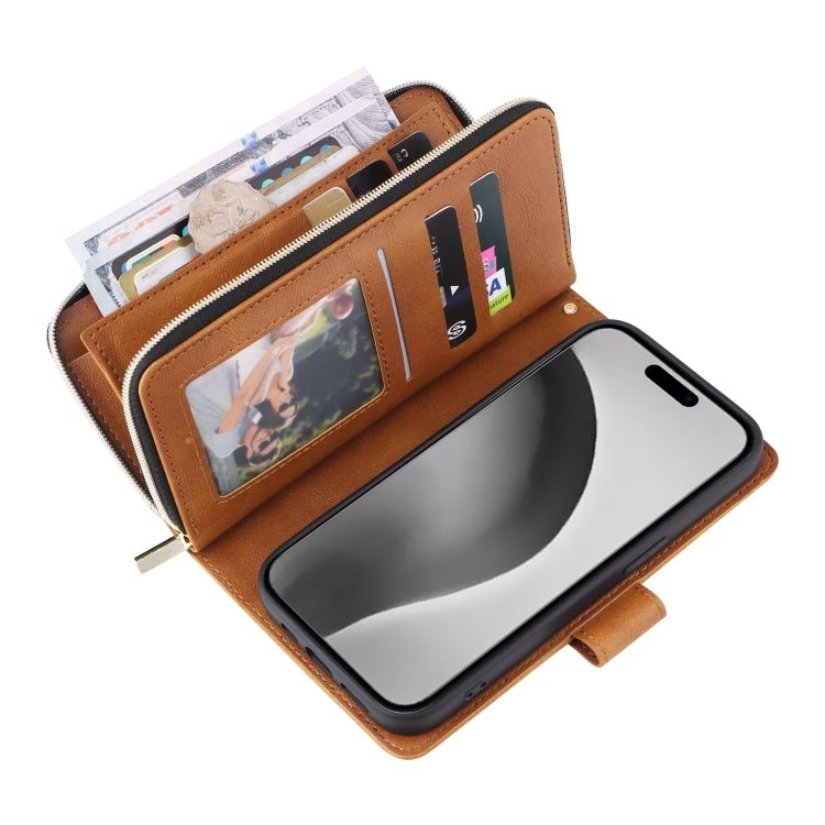 For iPhone 16 Pro Max 9 Card Slots Zipper Wallet Bag Leather Phone Case(Brown) by buy2fix