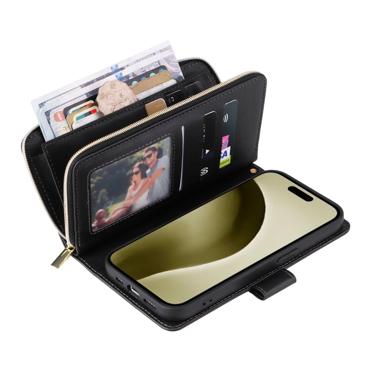 For iPhone 16 Pro 9 Card Slots Zipper Wallet Bag Leather Phone Case(Black) by buy2fix