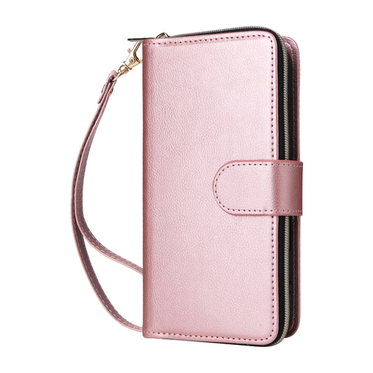For iPhone 16 Plus 9 Card Slots Zipper Wallet Bag Leather Phone Case(Rose Gold) by buy2fix