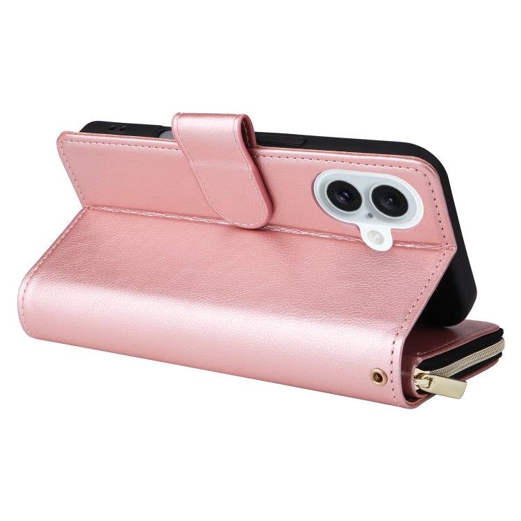 For iPhone 16 Plus 9 Card Slots Zipper Wallet Bag Leather Phone Case(Rose Gold) by buy2fix