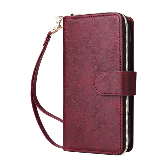 For iPhone 16 Plus 9 Card Slots Zipper Wallet Bag Leather Phone Case(Wine Red) by buy2fix