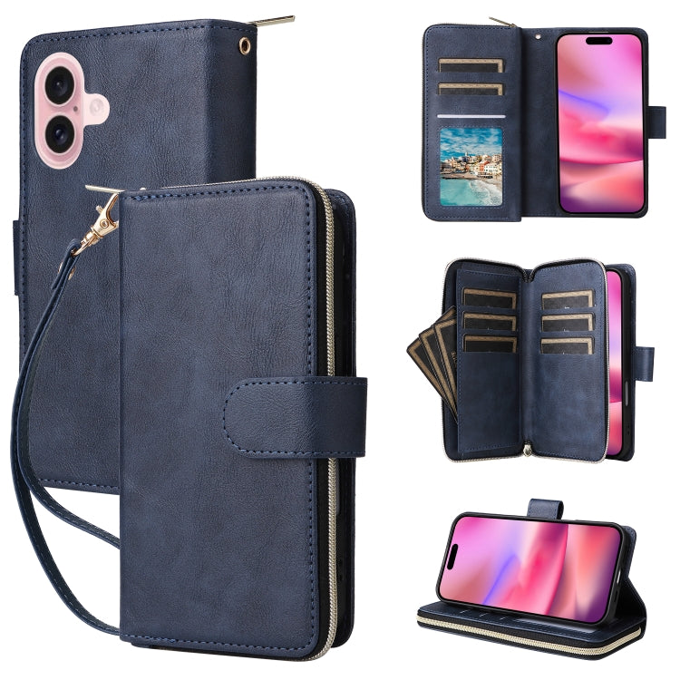 For iPhone 16 9 Card Slots Zipper Wallet Bag Leather Phone Case(Blue) - iPhone 16 Cases by buy2fix | Online Shopping UK | buy2fix
