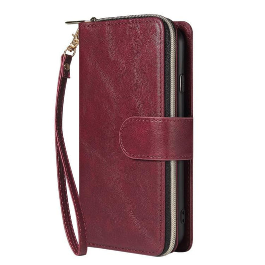 For iPhone 16e 9 Card Slots Zipper Wallet Bag Leather Phone Case(Wine Red) - iPhone 16e Cases by buy2fix | Online Shopping UK | buy2fix