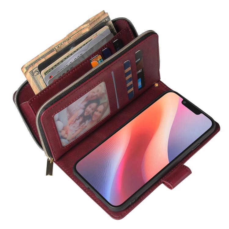 For iPhone 16e 9 Card Slots Zipper Wallet Bag Leather Phone Case(Wine Red) - iPhone 16e Cases by buy2fix | Online Shopping UK | buy2fix