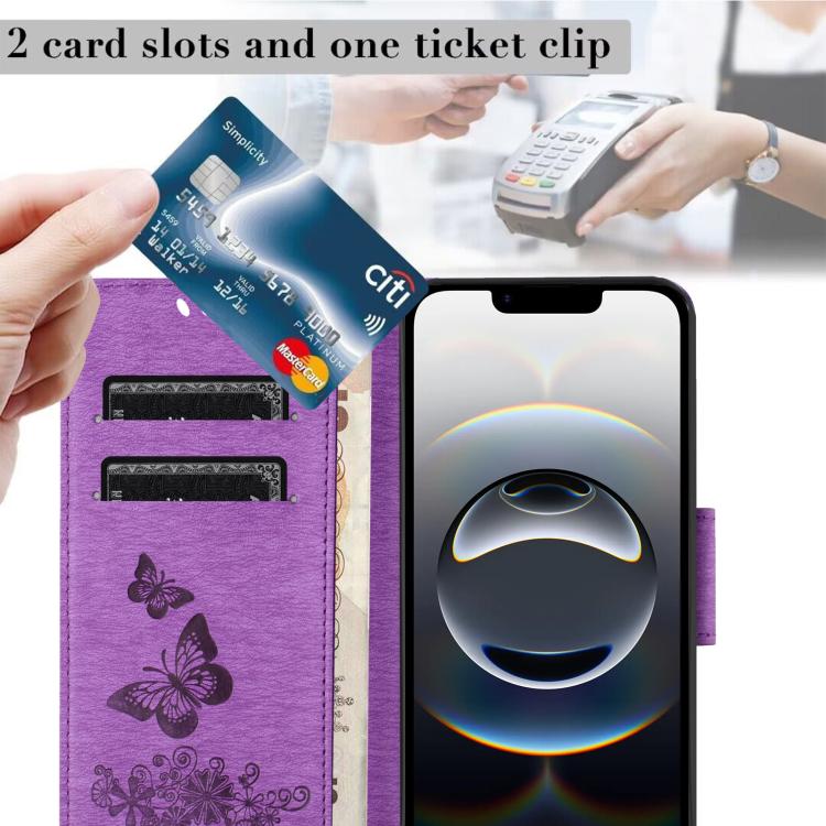 For iPhone 16e Butterfly Embossed Flip Leather Phone Case(Purple) - iPhone 16e Cases by buy2fix | Online Shopping UK | buy2fix