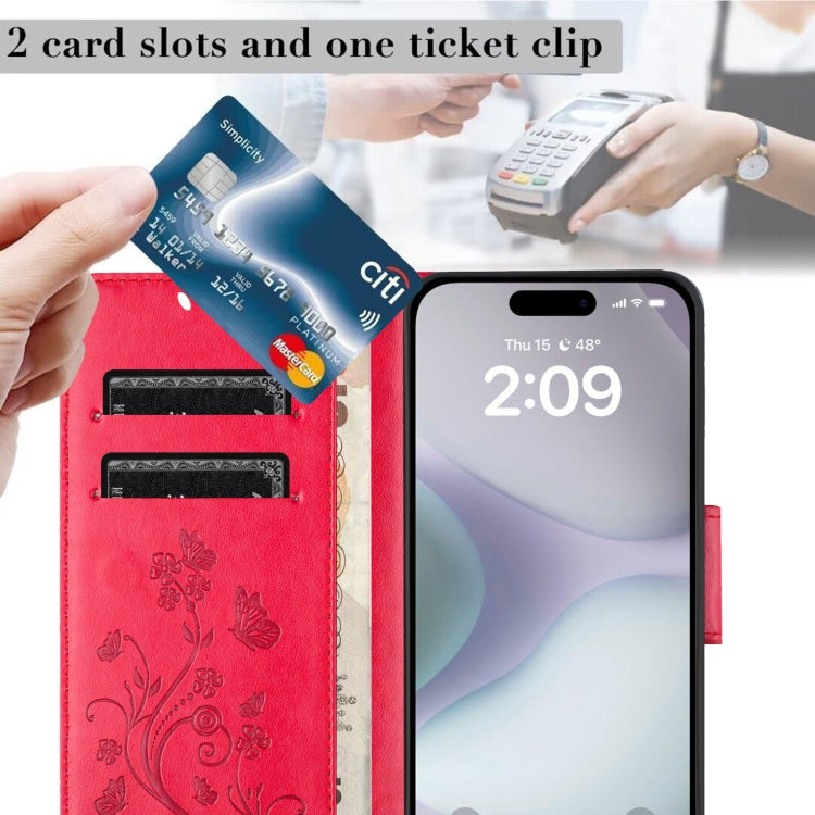 For iPhone 16 Plus Butterfly Flower Pattern Flip Leather Phone Case(Red) by buy2fix