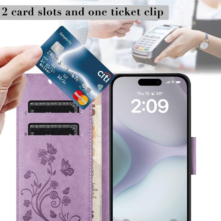 For iPhone 16 Plus Butterfly Flower Pattern Flip Leather Phone Case(Light Purple) by buy2fix