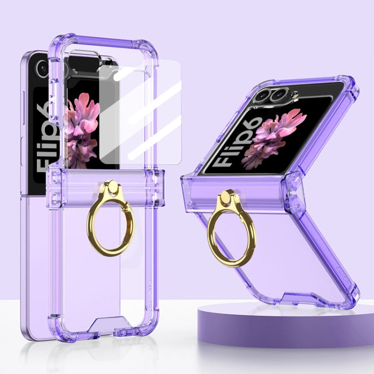 For Samsung Galaxy Z Flip6 / Flip7 FE Gkk Airbag Hinge Silicone Phone Case with Ring Holder & Tempered Film(Transparent Purple) - Galaxy Z Flip6 5G Cases by GKK | Online Shopping UK | buy2fix