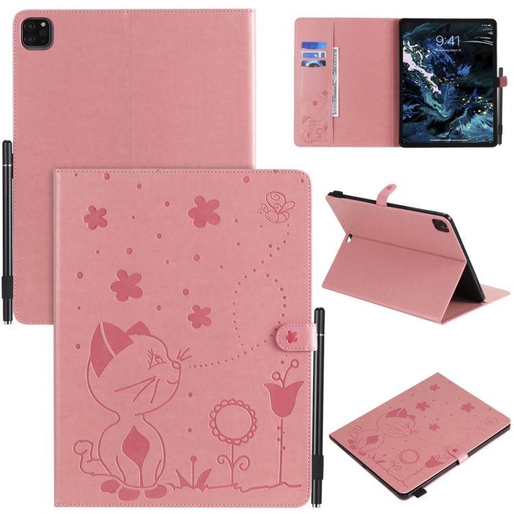For iPad Pro 12.9 (2020) & (2018) Cat Bee Embossing Pattern Horizontal Flip Leather Tablet Case with Holder & Card Slots & Wallet & Pen Slot(Pink) - iPad Pro 12.9 (2020) Cases by buy2fix | Online Shopping UK | buy2fix