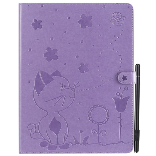 For iPad Pro 12.9 (2020) & (2018) Cat Bee Embossing Pattern Horizontal Flip Leather Tablet Case with Holder & Card Slots & Wallet & Pen Slot(Purple) - iPad Pro 12.9 (2020) Cases by buy2fix | Online Shopping UK | buy2fix