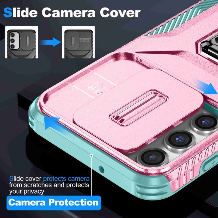 For Samsung Galaxy S23+ 5G Sliding Camshield Holder Phone Case(Pink + Grey Green) by buy2fix
