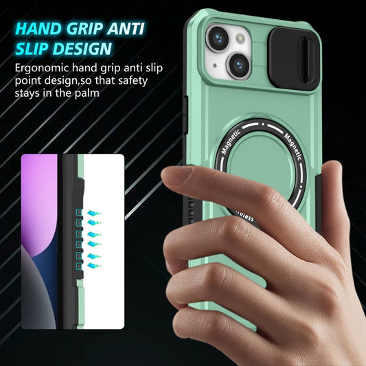 For iPhone 15 Plus Sliding Camshield MagSafe Holder TPU Hybrid PC Phone Case(Light Blue) by buy2fix