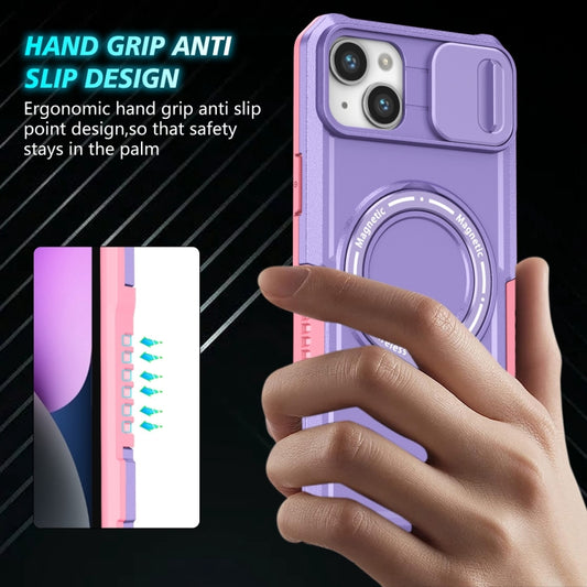 For iPhone 14 Plus Sliding Camshield MagSafe Holder TPU Hybrid PC Phone Case(Pink Purple) by buy2fix