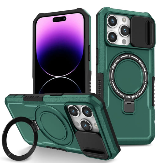 For iPhone 14 Pro Sliding Camshield MagSafe Holder TPU Hybrid PC Phone Case(Deep Green) - iPhone 14 Pro Cases by buy2fix | Online Shopping UK | buy2fix