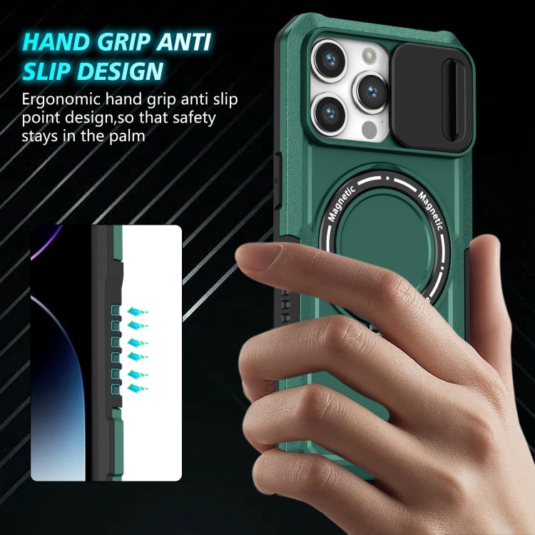 For iPhone 14 Pro Sliding Camshield MagSafe Holder TPU Hybrid PC Phone Case(Deep Green) - iPhone 14 Pro Cases by buy2fix | Online Shopping UK | buy2fix