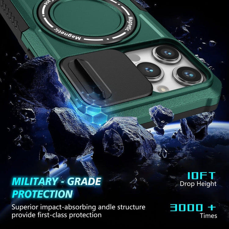 For iPhone 14 Pro Sliding Camshield MagSafe Holder TPU Hybrid PC Phone Case(Deep Green) - iPhone 14 Pro Cases by buy2fix | Online Shopping UK | buy2fix
