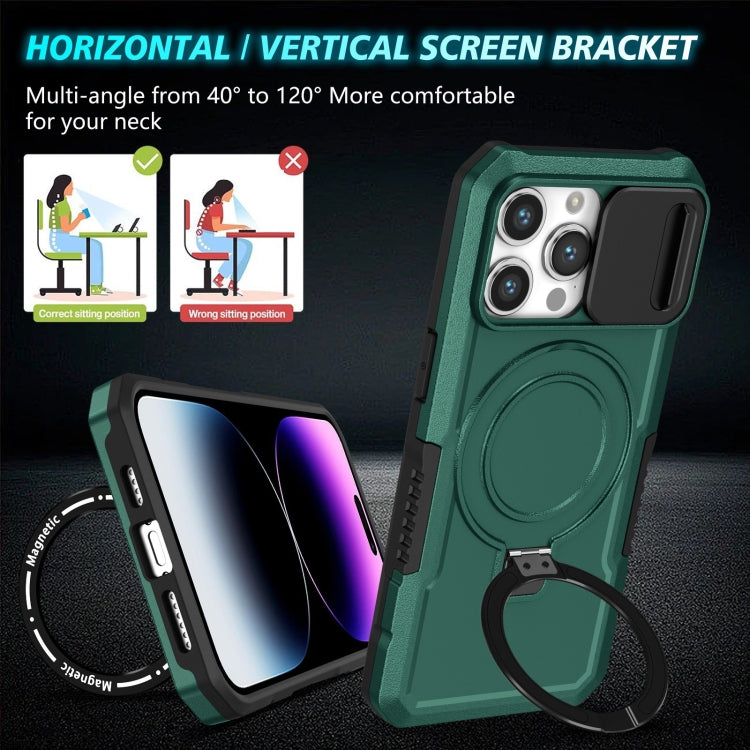 For iPhone 14 Pro Sliding Camshield MagSafe Holder TPU Hybrid PC Phone Case(Deep Green) - iPhone 14 Pro Cases by buy2fix | Online Shopping UK | buy2fix