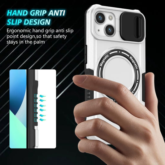 For iPhone 13 Sliding Camshield MagSafe Holder TPU Hybrid PC Phone Case(Black White) by buy2fix