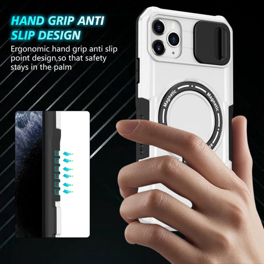 For iPhone 11 Pro Max Sliding Camshield MagSafe Holder TPU Hybrid PC Phone Case(Black White) by buy2fix