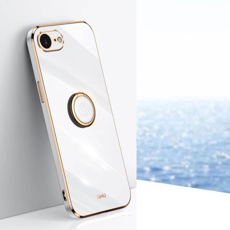 For iPhone 16e XINLI Straight Edge 6D Electroplate TPU Phone Case with Ring Holder(White) - iPhone 16e Cases by XINLI | Online Shopping UK | buy2fix