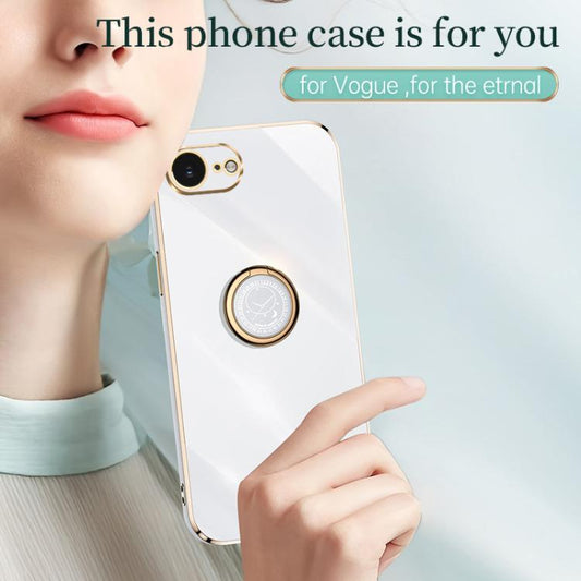 For iPhone 16e XINLI Straight Edge 6D Electroplate TPU Phone Case with Ring Holder(White) - iPhone 16e Cases by XINLI | Online Shopping UK | buy2fix