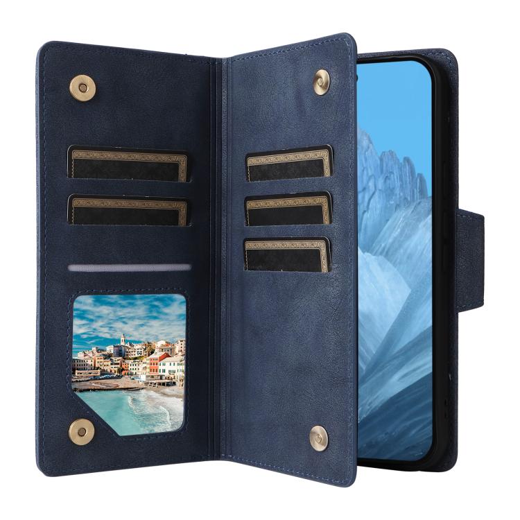 For Google Pixel 10 / 10 Pro Rivet Buckle 9 Cards Three Fold Leather Phone Case(Blue) - Google Cases by buy2fix | Online Shopping UK | buy2fix