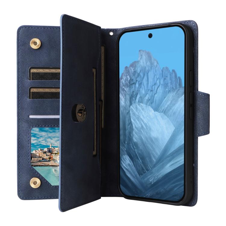 For Google Pixel 10 / 10 Pro Rivet Buckle 9 Cards Three Fold Leather Phone Case(Blue) - Google Cases by buy2fix | Online Shopping UK | buy2fix