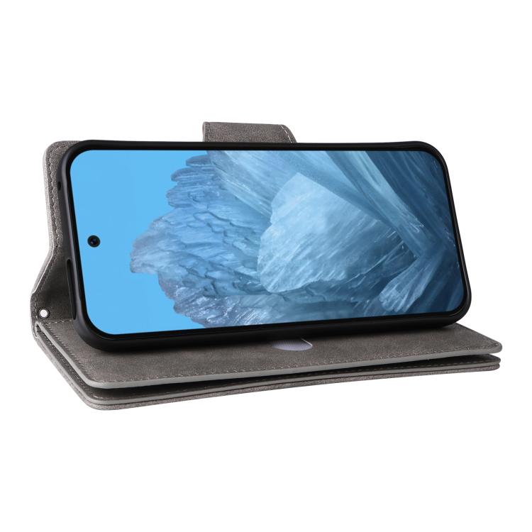 For Google Pixel 10 / 10 Pro Rivet Buckle 9 Cards Three Fold Leather Phone Case(Grey) - Google Cases by buy2fix | Online Shopping UK | buy2fix