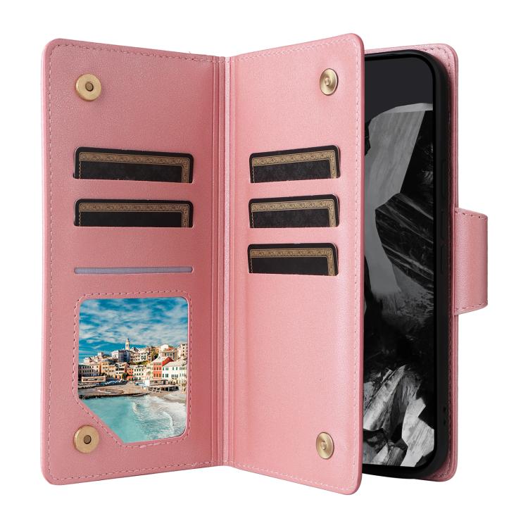 For Google Pixel 10 Pro XL / 9 Pro XL Rivet Buckle 9 Cards Three Fold Leather Phone Case(Rose Gold) - Google Cases by buy2fix | Online Shopping UK | buy2fix