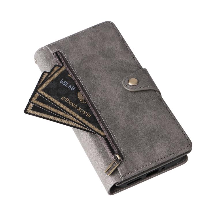 For Google Pixel 10 Pro XL / 9 Pro XL Rivet Buckle 9 Cards Three Fold Leather Phone Case(Grey) - Google Cases by buy2fix | Online Shopping UK | buy2fix