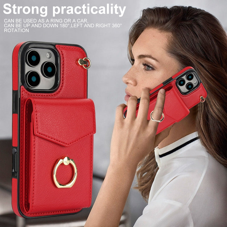 For iPhone 16 Pro Max Ring Holder RFID Card Slot Phone Case(Red) by buy2fix